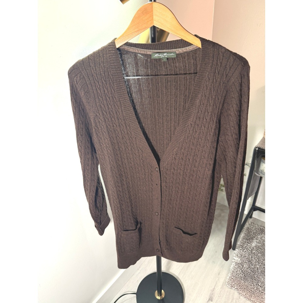 Eddie Bauer vtg cardigan brown cableknit longline cocoa fall layering cozy LG ec